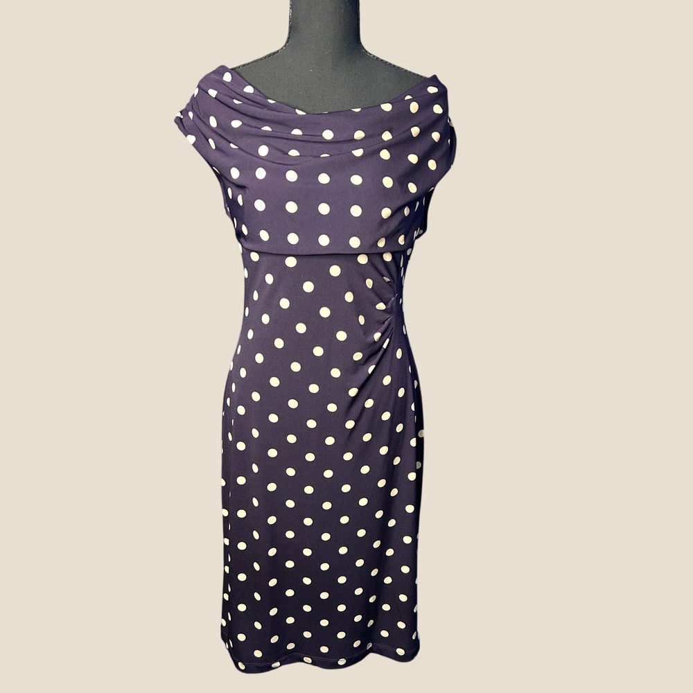 Womens Navy Polka Dot Cowl Neck Sheath Dress Sz 10 Retro Flattering Classic Chic